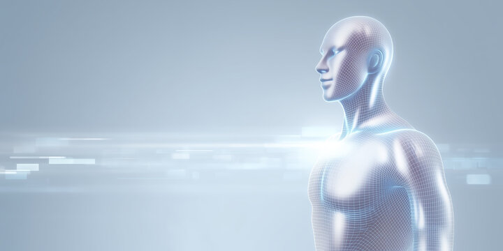 Futuristic humanoid figure with a digital mesh design stands against a soft gradient background, symbolizing technology, innovation, and the intersection of humanity and artificial intelligence