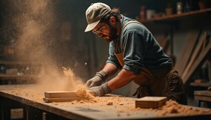 Man with beard wears cap glasses and apron. He works with wood creating sawdust flying in workshop. Craftsman uses tool for cutting lumber at table.