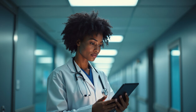 Black female doctor checks patient records on tablet in hospital hall. Medical pro uses tech for health care. Nurse reviews data on digital device, focused and serious. - Powered by Adobe