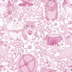 Cute Hamster Floral Pattern Seamless PNG – Pastel Spring Pet Digital Paper, Adorable Hamster Garden Pattern for Crafts