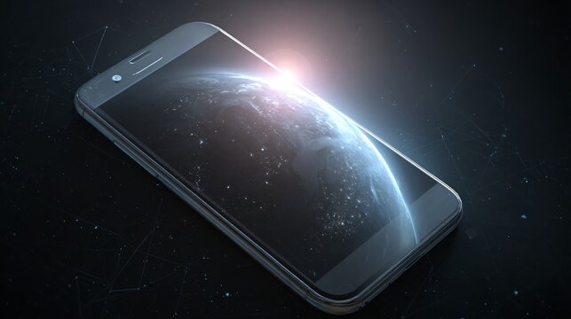 Earth glowing from smartphone screen, satellite lines, dark blue futuristic style, headline space top,