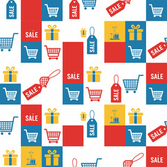 Seamless pattern with shopping carts, gift boxes, and sale tags for retail promotions.
