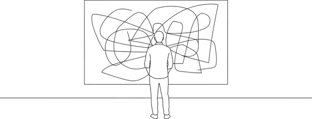 Minimalist Line Drawing of Person Viewing Abstract Art in Gallery