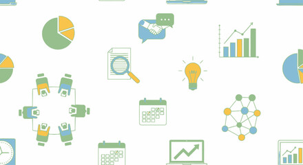Business and Technology Icons Seamlessly Patterned on White Background.