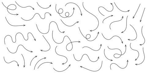 Squiggly arrows doodle set. Curve and Spiral comic symbols in sketch style. Hand drawn vector illustration isolated on white background