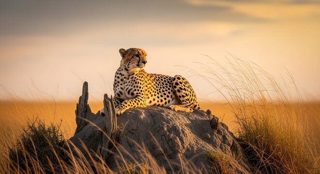 A cheetah resting on a termite mound in golden savanna grass, warm late-afternoon sunlight, realistic spotted coat, sharp gaze focused in the distance.