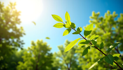 Green Maple Leaves on Branch in Sunny Spring