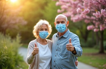 Elderly couple wears face masks and gives thumbs up. They are outdoors in nature, showing protection and positivity during the pandemic. Spring blossoms frame the happy seniors enjoying a walk.