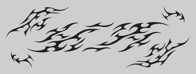 Neo tribal vector art pack. Y2k cyber sigil aesthetic tattoo, simmetric ethnic celtic shape. Vector illustration of emo gothic tribal tattoo designs, acid metal music poster