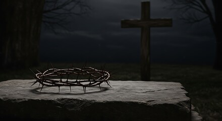 A somber depiction shows a crown of thorns and a cross in a dark, outdoor setting
