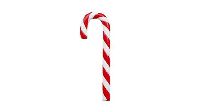 Red and white candy cane, sweet holiday treat, glossy, for festive backgrounds, product photography, and seasonal social media.