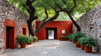 Ancient Stone Courtyard With Vibrant Orange Walls Lush Green Trees And Potted Plants Bathed In Sunlight