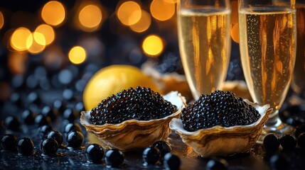 Close-up shot of gourmet appetizers with champagne, caviar in shells, and citrus