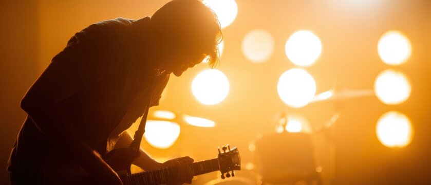 The Guitarist Silhouetted Against Warm Stage Lights During an Intense Live Rock Performance