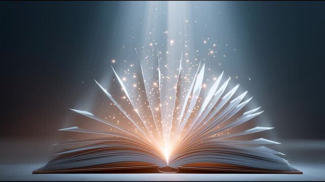 Magic occurs as an open book glows with sparkling light in a dark room