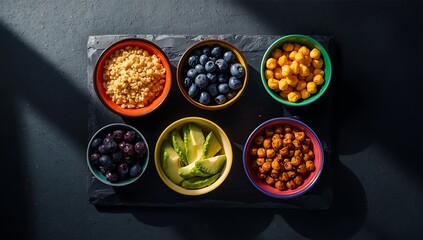 Six colorful bowls filled with various healthy snacks and fruits