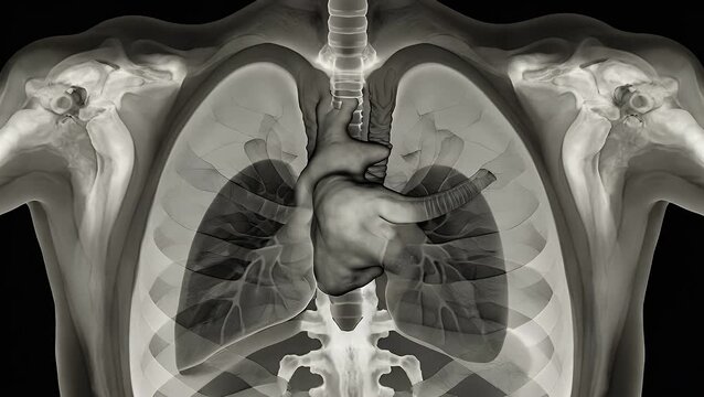 CT chest scan image providing a detailed overview showing clear lung fields  the heart  and mediastinum for thoracic anatomy medical