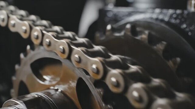Roller chains coated in glistening lubricant