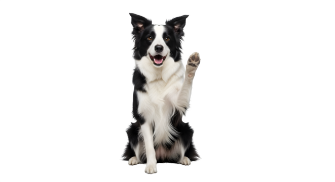 Animated black and white Border Collie raising paw on a black background, for pet photography, branding.
