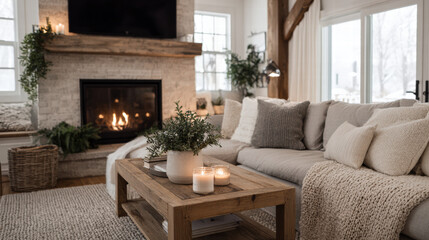 Fototapeta premium Cozy winter living room with fireplace, soft sofa, candles, and natural decor creates warm atmosphere