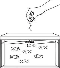 Hand Feeding Fish in Aquarium - Line Art Vector Illustration