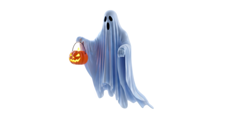 Ethereal ghost carries glowing pumpkin. Halloween concept. Use for social media or web design.