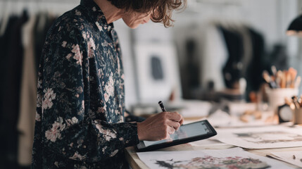 Creative designer sketching fashion on digital tablet in stylish studio, surrounded by art supplies and sketches