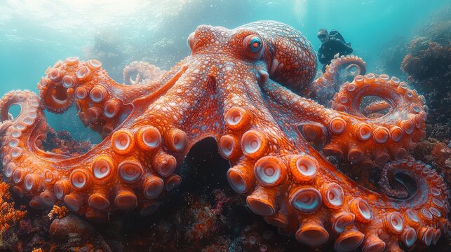 A vibrant, close-up underwater shot showcasing an orange octopus with coral reef and diver