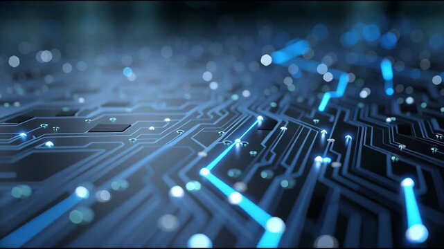 Explore the intricate details of a circuit board with vibrant blue lines and glowing lights during a close-up examination