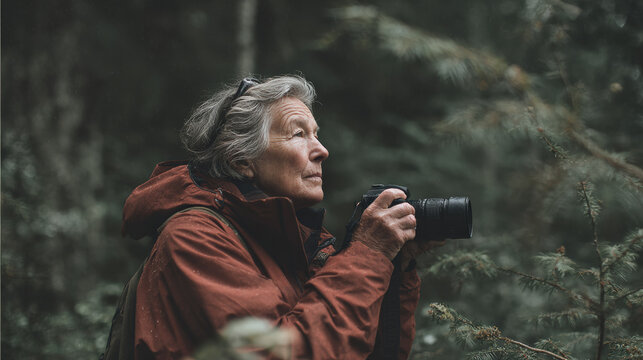 Elderly woman capturing nature with camera in forest, showcasing her passion for photography and wildlife