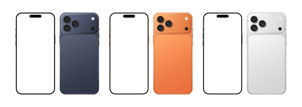 Apple iPhone 17 Pro Max mobile phone blank display mockup, colorful devices set for advertising and social media. Latest modern smartphone front and back side template vector illustration