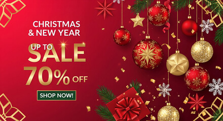 Naklejka premium Christmas and New Year Sale Banner with Baubles and Gifts