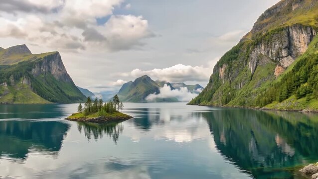 dramatic landscape perspective of a deep ocean inlet enclosed by untamed natural terrain captured during overcast conditions  emphasizing the high resolution attainable with specialized photographic