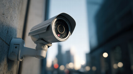 Surveillance camera mounted on building wall, capturing urban environment with modern aesthetic