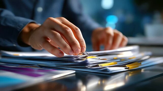 Close-up of fingers sorting through files with defocused body and clear detailed paper edges and annotations, with copy space