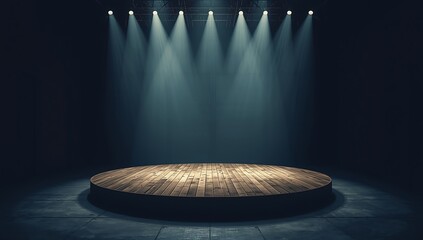 Empty circular stage with dramatic spotlight beams from above