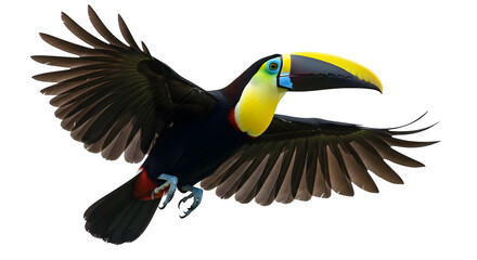 Colorful Toucan flies, shows feathers detail. Use for wildlife photography, presentations, educational materials, social media posts. © Shajie