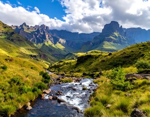 A vibrant vista of towering mountain peaks, a flowing river and verdant valley under a bright sky