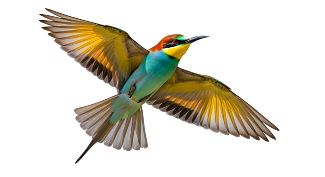 Colorful bird flies, isolated on black. Vibrant plumage, with wings spread wide, presents as a striking animal portrait.