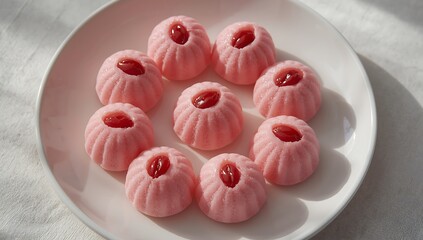 Delicate pink meringue cookies filled with red jam on a white plate