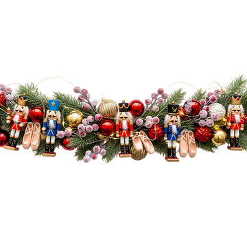 Festive christmas garland isolated on transparent background, featuring nutcrackers, ornaments, and ballet slippers