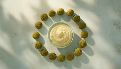 Crispy falafel balls arranged in a circle around a bowl of tahini dip