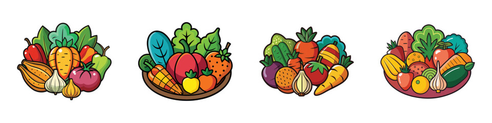Four baskets filled with a colorful assortment of fresh vegetables and fruits, isolated on a