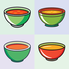 Four colorful bowls of soup, two red and two yellow, arranged in a grid on a pastel background, representing a variety of delicious and comforting meals