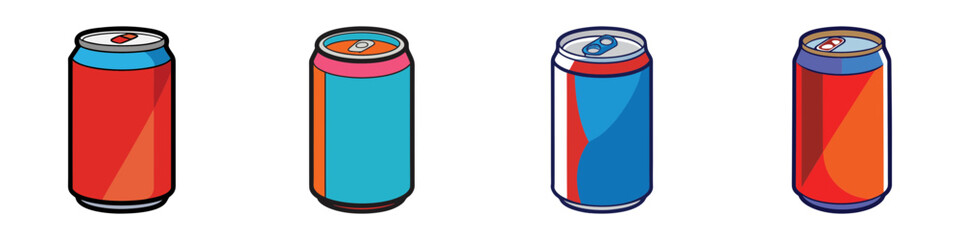 Collection of four colorful soda cans with different designs, isolated on a