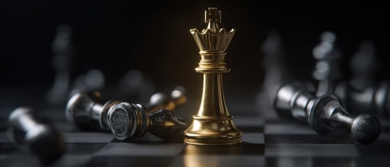 The Golden King Chess Piece Standing Victorious Among Fallen Opponent Pieces on Board