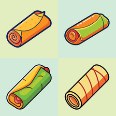 Four different types of wraps and burritos arranged in a grid pattern on a light blue and green background, showcasing various fillings and tortilla styles