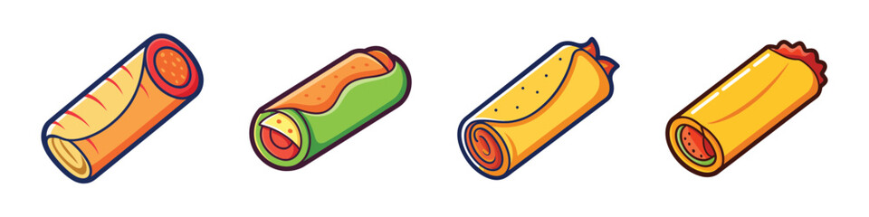 Four cartoon burritos