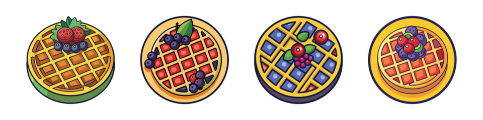 Four different cartoon waffles with berries and fruit, each on a, showcasing variety in toppings and presentation