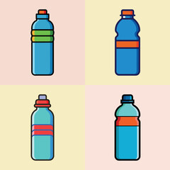 Four blue plastic bottles with different colored caps and labels, arranged in a 2x2 grid on a pastel background, representing various beverage containers and hydration options